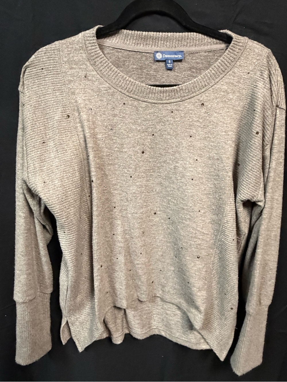 Democracy Taupe Gray Crewneck Sweater with Sequin Dots